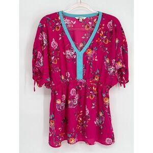 The Pioneer Woman Pink Floral V-Neck Peplum Blouse Short Tie Sleeve Medium